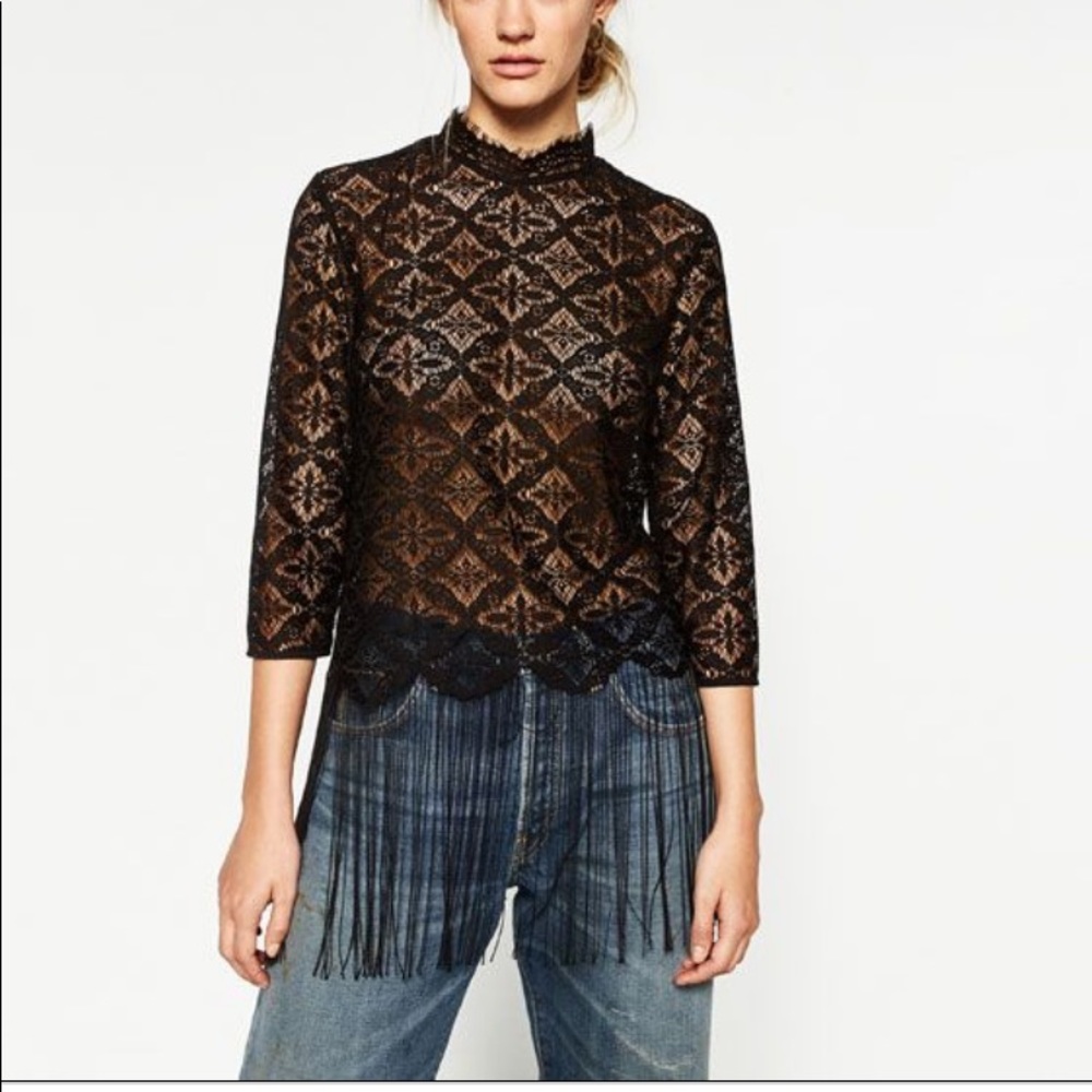 EUC- Zara Lace & Fringe Long Sleeve Top Size Small